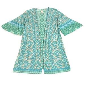 Chicos Cardigan Womens 0 XS Green Floral Knit Long Open Front Kimono Geometric